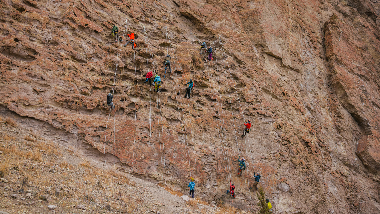 Volunteers re-bolting climbing routes at Smith ROck