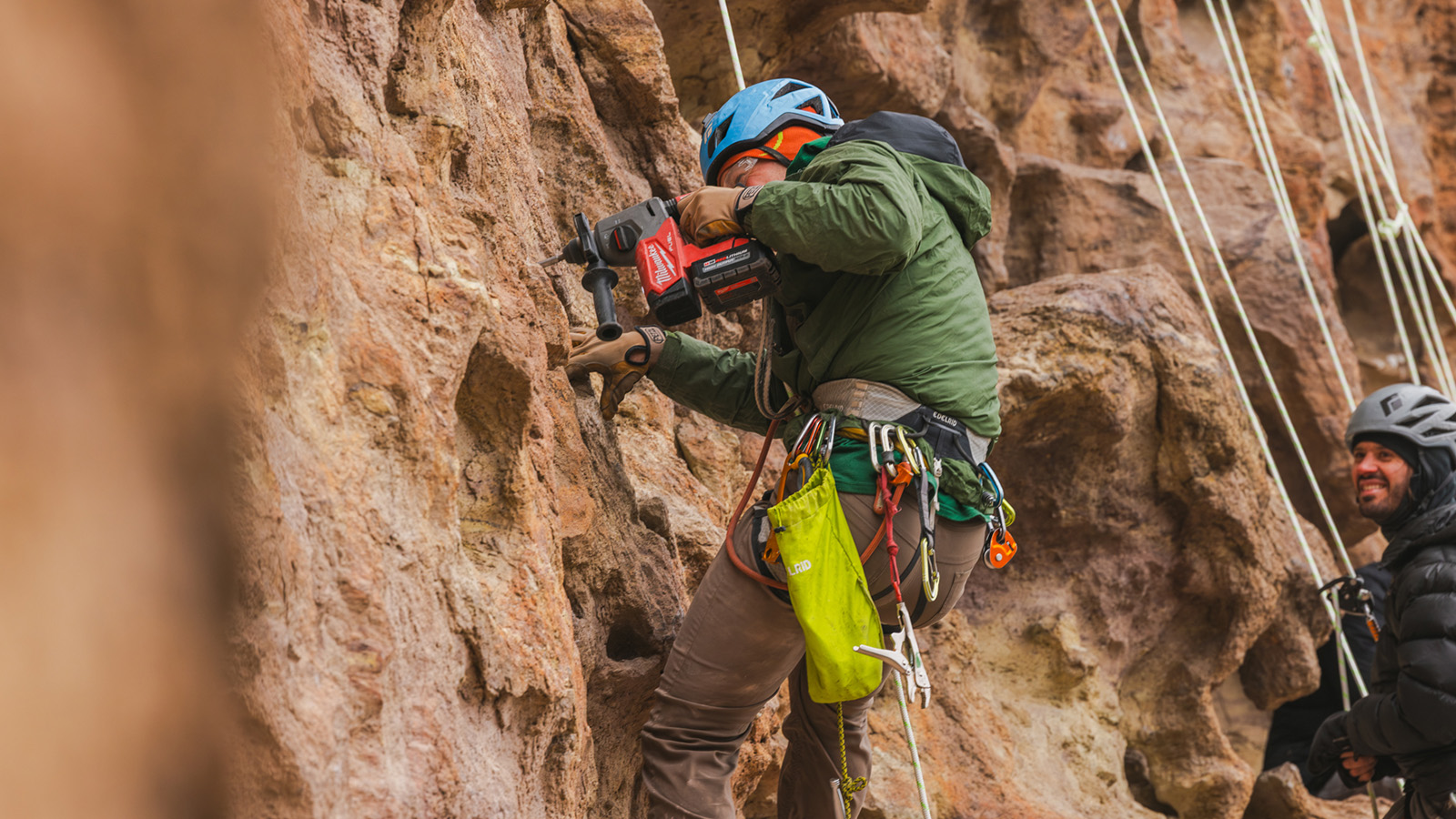 Re-bolting climbing routes at Smith Rock State Park near Bend, OR